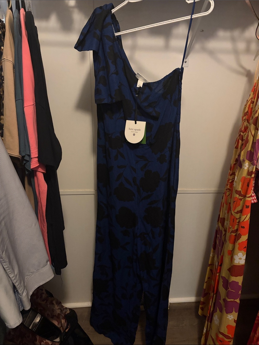 kate spade One-Shoulder Royal Blue and Black Floral Maxi Dress